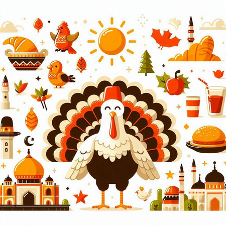 Turkey and symbols of the holiday of thanksgiving. Vector illustration.のイラスト素材