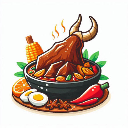 Chinese cuisine, vector illustration of spicy beef stew with vegetables and spicesのイラスト素材