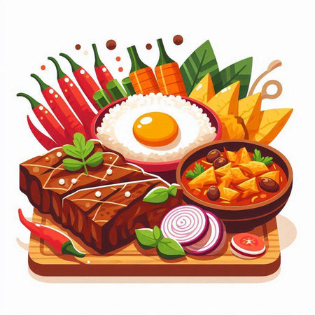 Steak and vegetables on wooden board. Vector illustration in cartoon styleのイラスト素材