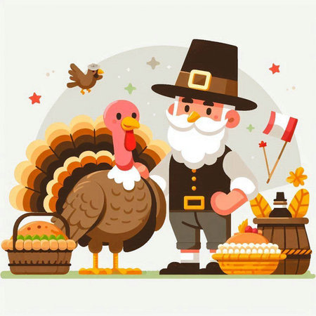 Vector illustration of a happy Thanksgiving day with a turkey and a pilgrimのイラスト素材