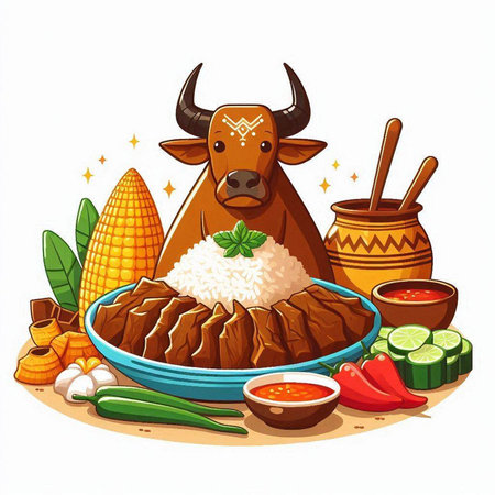 Illustration of a cow eating steamed rice with vegetables and spicesのイラスト素材