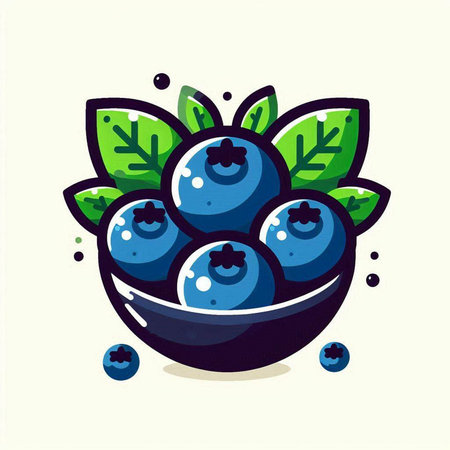 Blueberries in a bowl with leaves. Vector illustration in cartoon style.のイラスト素材