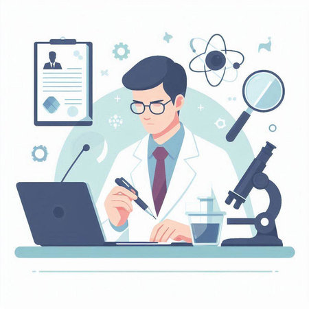 Scientist working with microscope, microscope, test tube, magnifying glass. Flat style vector illustration.のイラスト素材