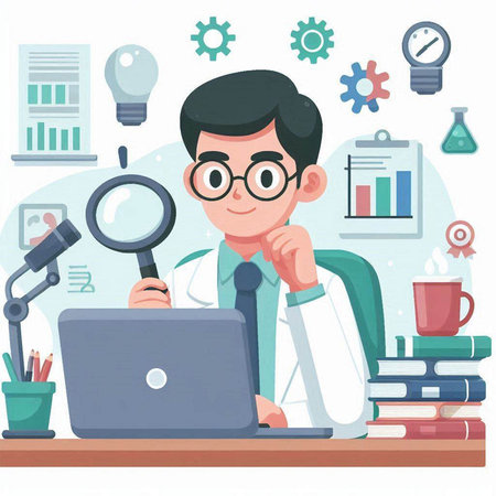 Vector illustration of a man in a lab coat and glasses working on a laptop.のイラスト素材