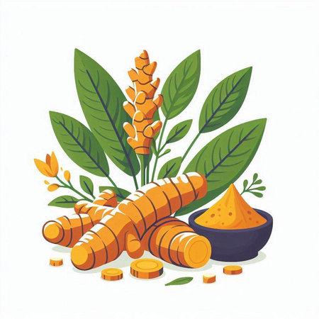 Ginger root, turmeric powder, leaves and flowers. Vector illustration.のイラスト素材