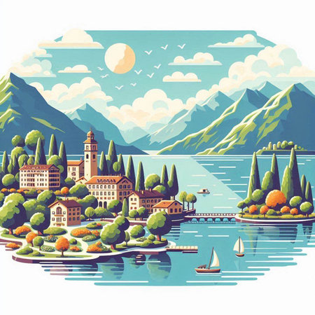 Landscape of Lake Como. Italy. Vector hand drawn illustrationのイラスト素材