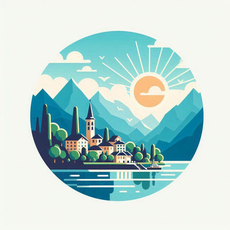 Landscape of the lake, mountains, houses and sun. Vector illustration.のイラスト素材