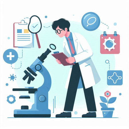Scientist with microscope. Vector illustration in flat style. Medical research.のイラスト素材