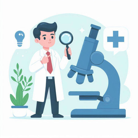 Scientist with microscope. Vector illustration in a flat style. Cartoon character.のイラスト素材