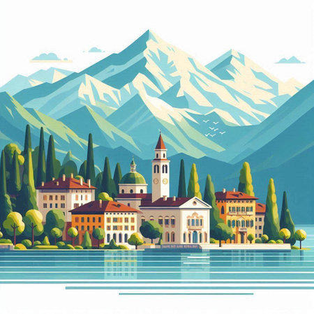 Mountain landscape with lake and church in Italy. Vector illustration.のイラスト素材