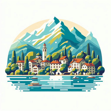Landscape of Lake Lucerne, Switzerland. Vector illustration.のイラスト素材