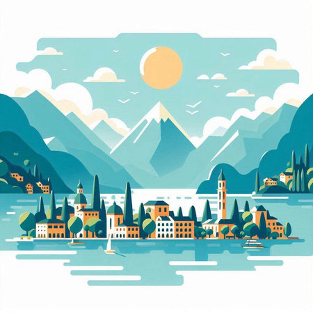 Landscape of Lake Lucerne, Switzerland. Hand drawn vector illustration.のイラスト素材