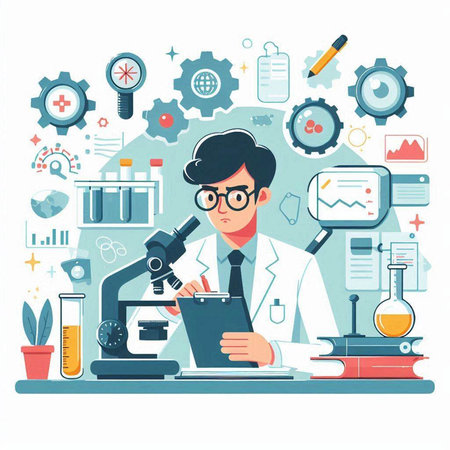 Scientist in laboratory. Vector illustration in flat style. Isolated on white background.のイラスト素材