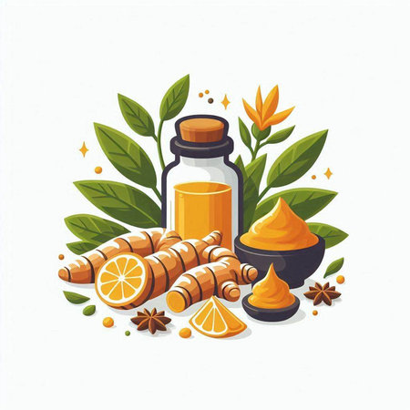 Ginger essential oil in a bottle, ginger root, lemon and turmeric leaves. Vector illustration.のイラスト素材