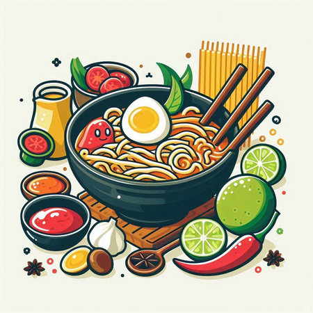 Noodles in a bowl with vegetables, eggs and sauce. Vector illustration.のイラスト素材