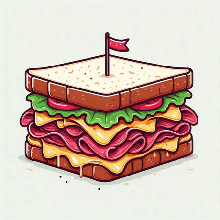 Illustration of a sandwich with cheese, ham, tomato, lettuce and mayonaiseのイラスト素材