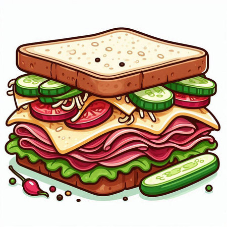 Sandwich with ham, cheese, tomato, cucumber and lettuceのイラスト素材