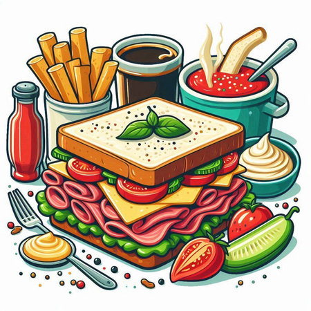 Vector illustration of a sandwich with cheese, tomato, lettuce, cucumber, onionnnaise, ketchupnnaisennaise.のイラスト素材