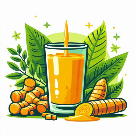 Glass of fresh turmeric juice with root and leaves. Vector illustration.のイラスト素材