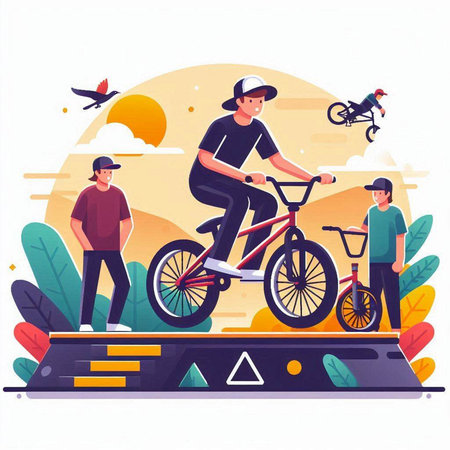 Cyclists on a mountain bike. Flat style vector illustration.のイラスト素材