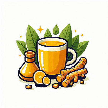 Cup of ginger tea with turmeric leaves and honey. Vector illustration.のイラスト素材