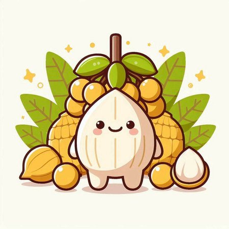 Cute cartoon character of durian fruit with exotic leaves and fruitsのイラスト素材