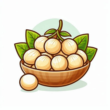 Longkong fruit in wooden bowl isolated on white background. Vector illustration.のイラスト素材