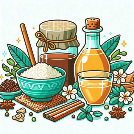 Vector illustration of a set of ingredients for making cinnamon and honey.のイラスト素材