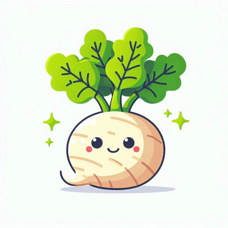 Kawaii smiling turnip with green leaves. Vector illustration.のイラスト素材