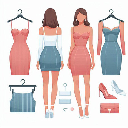 Fashionable women's clothing set. Vector illustration in cartoon style.のイラスト素材