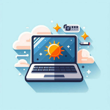 Laptop with sun and cloud on blue background. Flat design vector illustration.のイラスト素材
