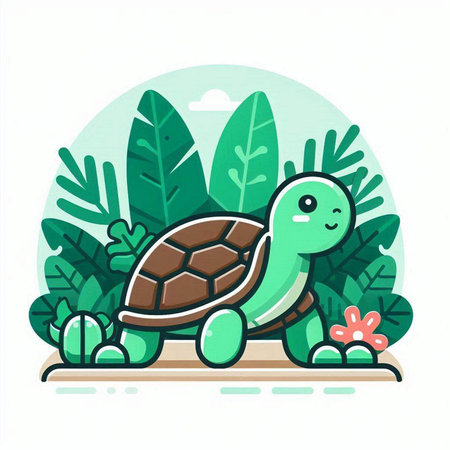 Cute cartoon turtle in the jungle. Vector illustration in flat style.のイラスト素材