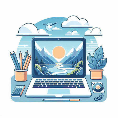 Vector illustration of a laptop with a picture of a mountain landscape.のイラスト素材