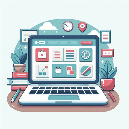 Laptop computer with application icons on screen. Flat design vector illustration.のイラスト素材