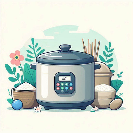 Illustration of a rice cooker, rice bowl and rice bowl.のイラスト素材