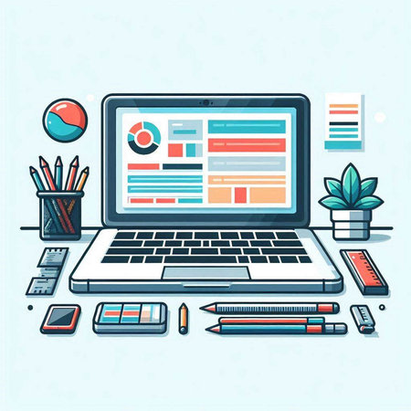 Flat design modern vector illustration concept of creative workspace with laptop, graphics tablet, mobile phone, stationery and office supplies.のイラスト素材