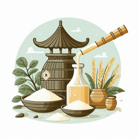 Illustration of rice in a bowl with a wooden spoon and rice mill. Vector illustration.のイラスト素材