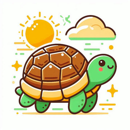 Cute cartoon turtle with sun and clouds on white background. Vector illustration.のイラスト素材