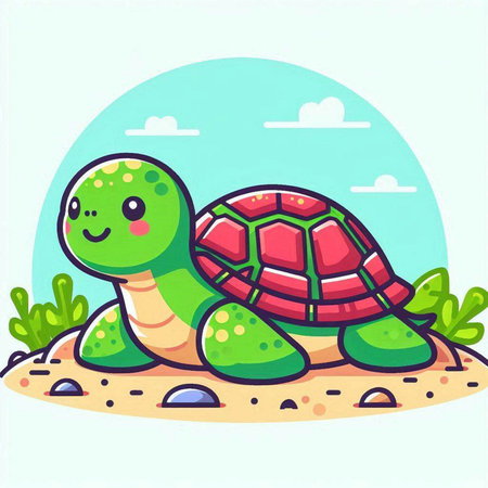 Cute cartoon turtle on the sand. Vector illustration in a flat styleのイラスト素材