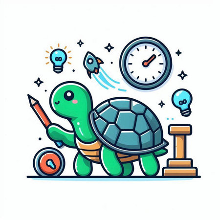 Cute cartoon turtle with clock and lightbulb. Vector illustration.のイラスト素材