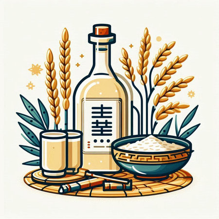 Vector illustration of rice in a bowl and a bottle of sake.のイラスト素材