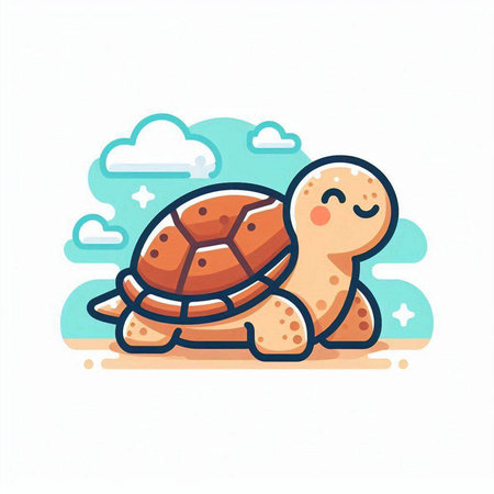 Cute little turtle on the beach. Vector illustration in cartoon style.のイラスト素材