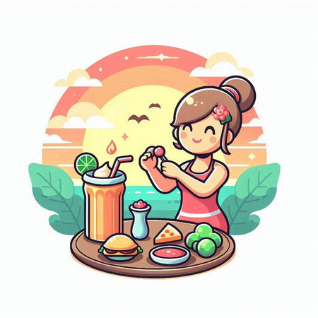 Illustration of a girl eating fruit and juice in the morning.のイラスト素材