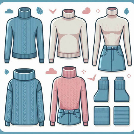 Vector illustration of a set of winter clothes. Sweater, sweater, pants, jacket.のイラスト素材