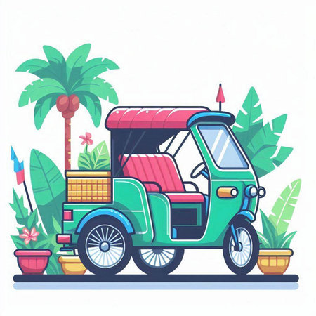 Tuk tuk car with palm trees and flowers. Vector illustrationのイラスト素材