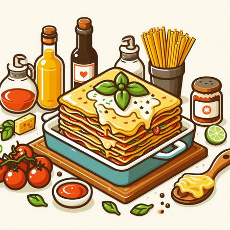 Illustration of a stack of lasagna with tomato sauce and basilのイラスト素材