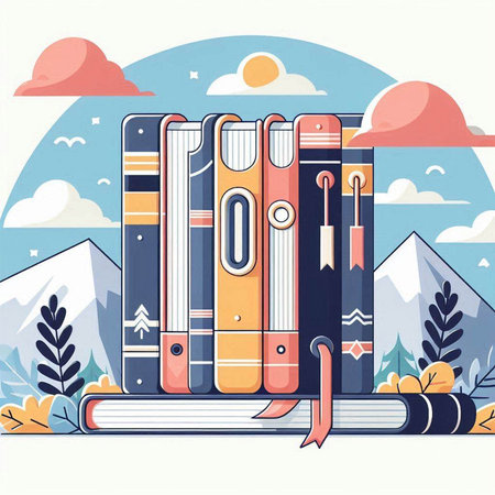 Books on the background of the mountains. Vector illustration in flat styleのイラスト素材