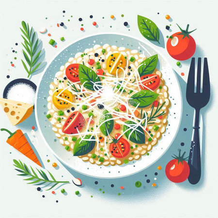 Risotto with tomato, cheese and herbs. Vector illustration.のイラスト素材