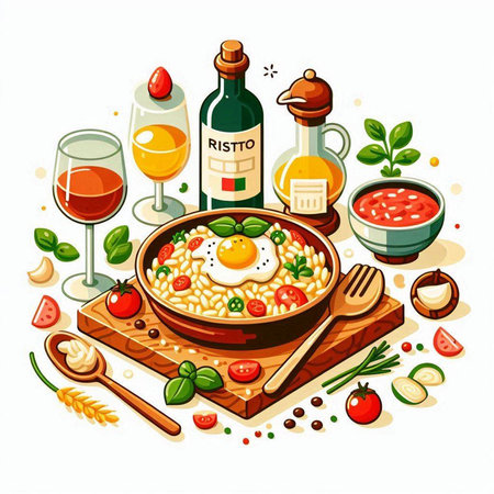 Risotto with fried egg, tomatoes, olives, basil, olive oil and wine. Vector illustrationのイラスト素材