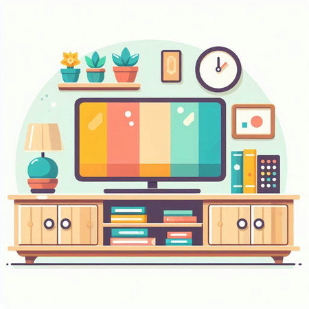 Living room interior with TV, bookshelf, plants and clocks. Flat vector illustration.のイラスト素材